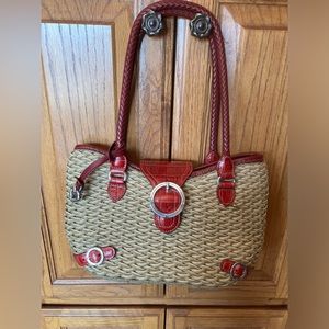 Brighton Red leather and woven straw handbag